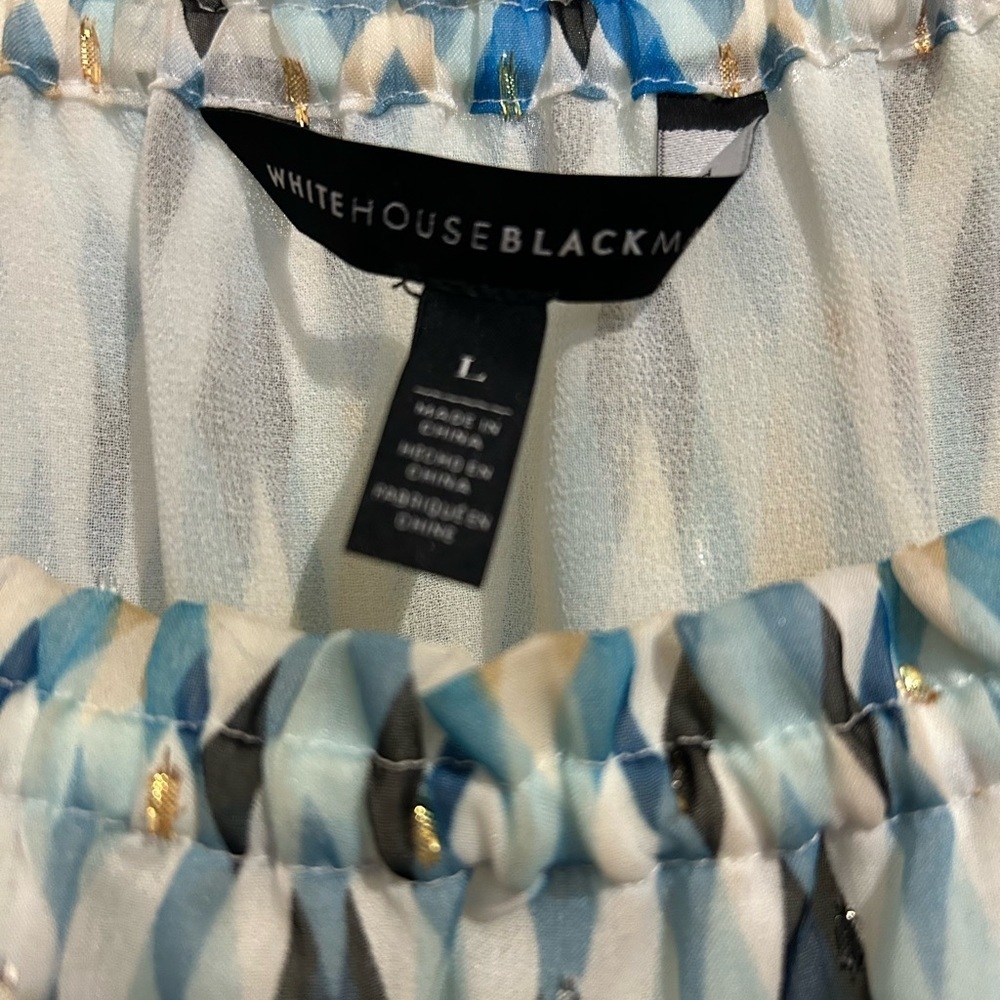 White House Black Market Off Shoulder white blue gold bell sleeve blouse s large - Picture 3 of 6